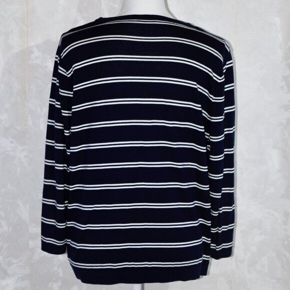 Talbots Women's XL Navy Blue White Striped V-Neck Cardigan Sweater - Picture 2 of 6